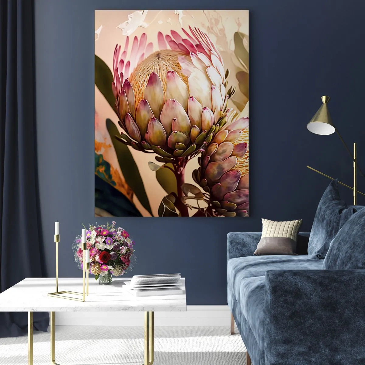 Obraz na szkle - Kwiaty protei w ciepłej tonacji i miękkim świetle - 50x70cm - Czule objęte - Nowoczesna dekoracja ścienna do salonu, kuchni i sypialni ARTTOR