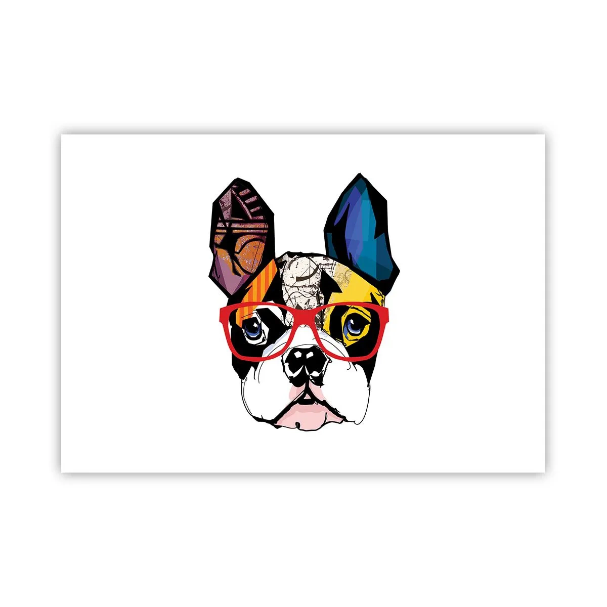 Plakat - Bulldog w kolorowej ilustracji z czerwonymi okularami - 100x70cm - Intelektualista - Nowoczesna dekoracja ścienna do salonu i sypialni ARTTOR