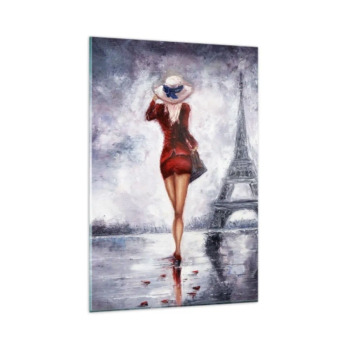 Obraz na szkle - Kobieta w czerwonej sukni i kapeluszu na tle wieży Eiffla - 80x120cm - Paryskie symbole - Nowoczesna dekoracja ścienna do salonu i sypialni ARTTOR