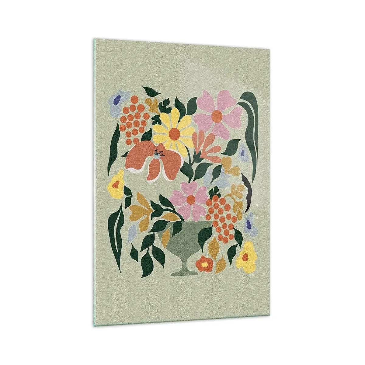Obraz na szkle - Kolorowa kompozycja kwiatowa w wazonie na zielonym tle - 70x100cm - Bukiet kipiący życiem - Nowoczesna dekoracja ścienna do salonu i sypialni ARTTOR