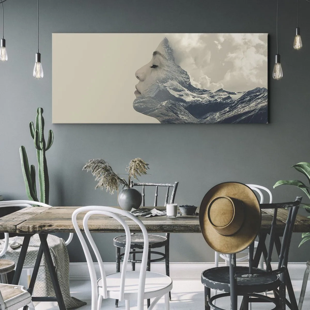 Obraz na płótnie - Sylwetka kobiety z krajobrazem gór w tle - 140x50cm - Uroda żywiołów - Nowoczesna dekoracja ścienna do salonu i sypialni ARTTOR