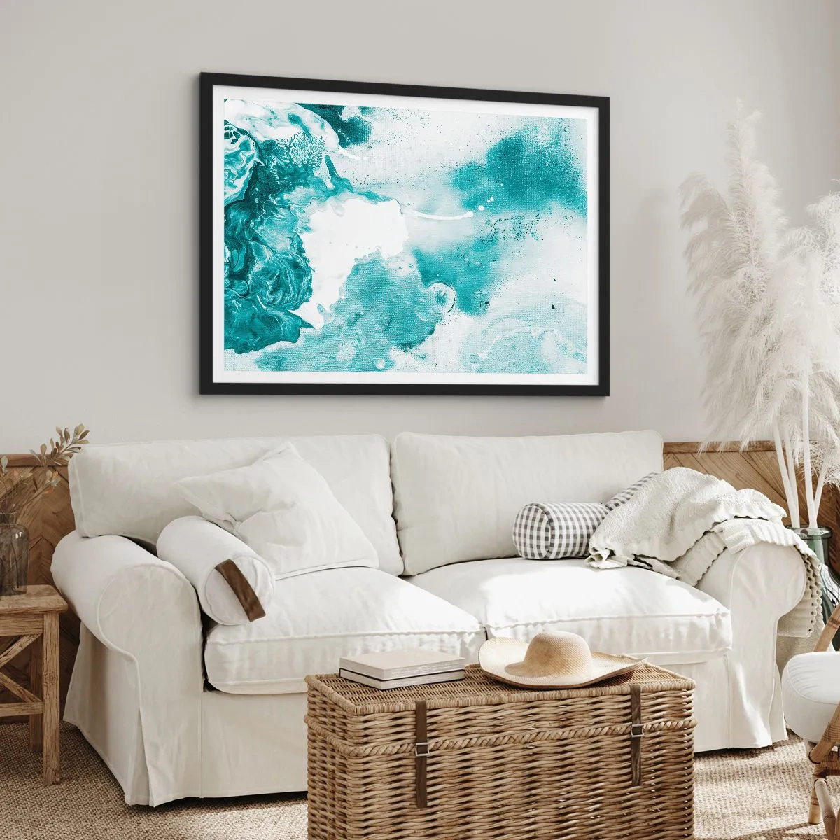 Plakat w czarnej ramie - Abstrakcja w odcieniach błękitu z delikatnymi akcentami bieli - 70x50cm - Rozlewiska błękitu - Nowoczesna dekoracja ścienna do salonu i sypialni ARTTOR