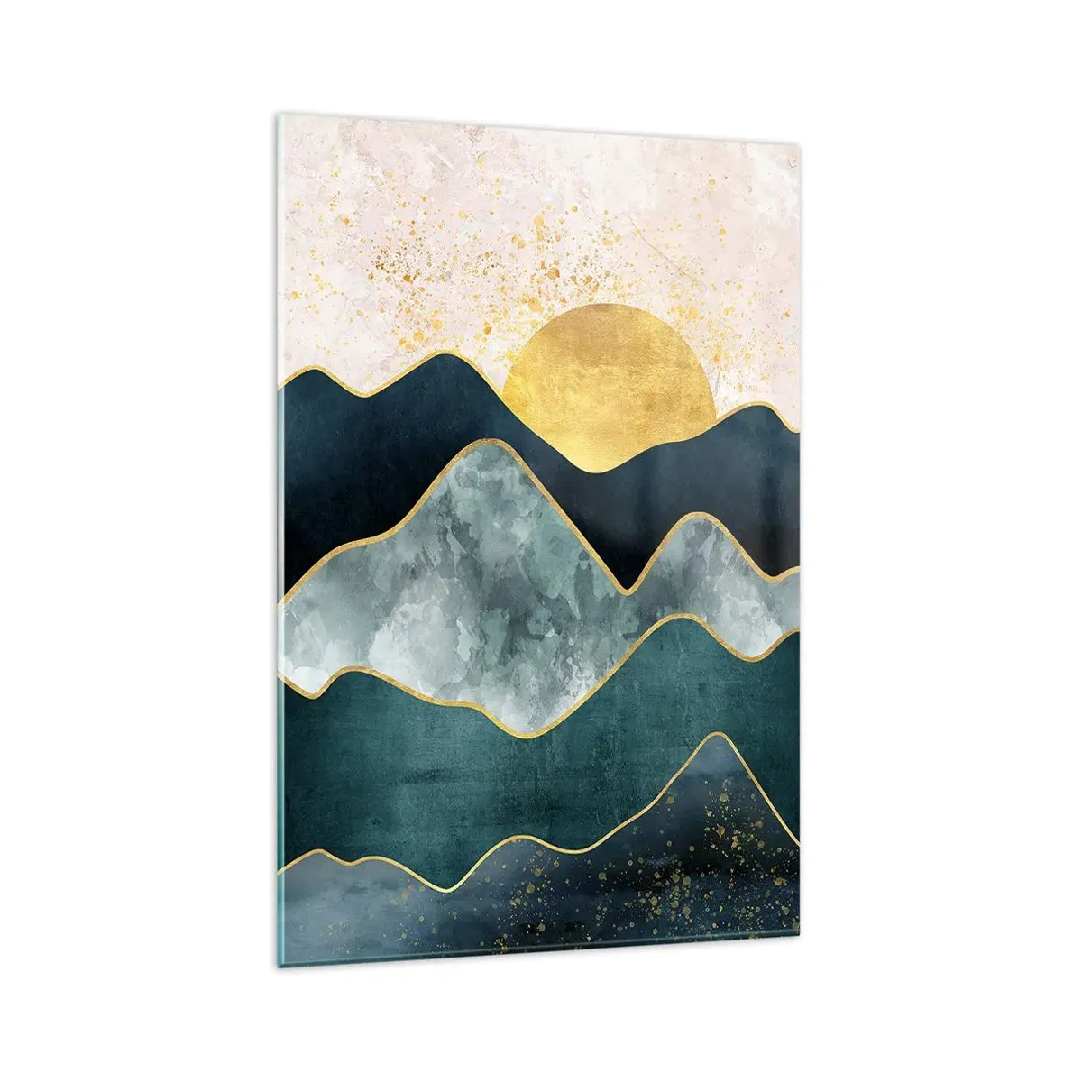 Obraz na szkle - Abstrakcyjne, warstwowe góry w odcieniach zieleni, granatu i złota na tle wschodzącego słońca - 80x120cm - Za siedmioma górami - Nowoczesna dekoracja ścienna do salonu i sypialni ARTTOR