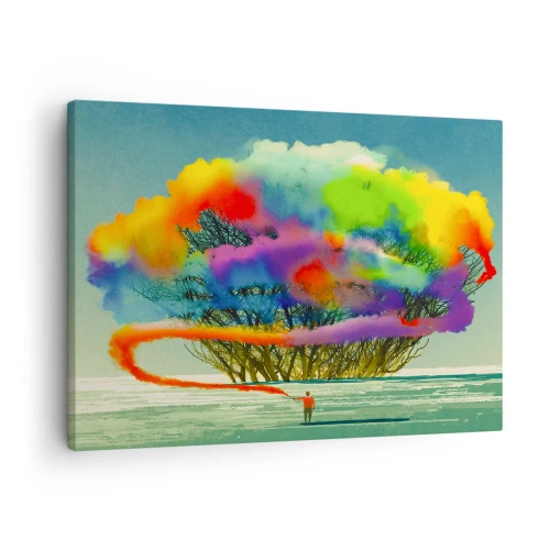 Obraz na płótnie - Postać z kolorowym dymem w tle drzewa na pustkowiu - 70x50cm - Ożywić ten świat - Nowoczesna dekoracja ścienna do salonu i sypialni ARTTOR