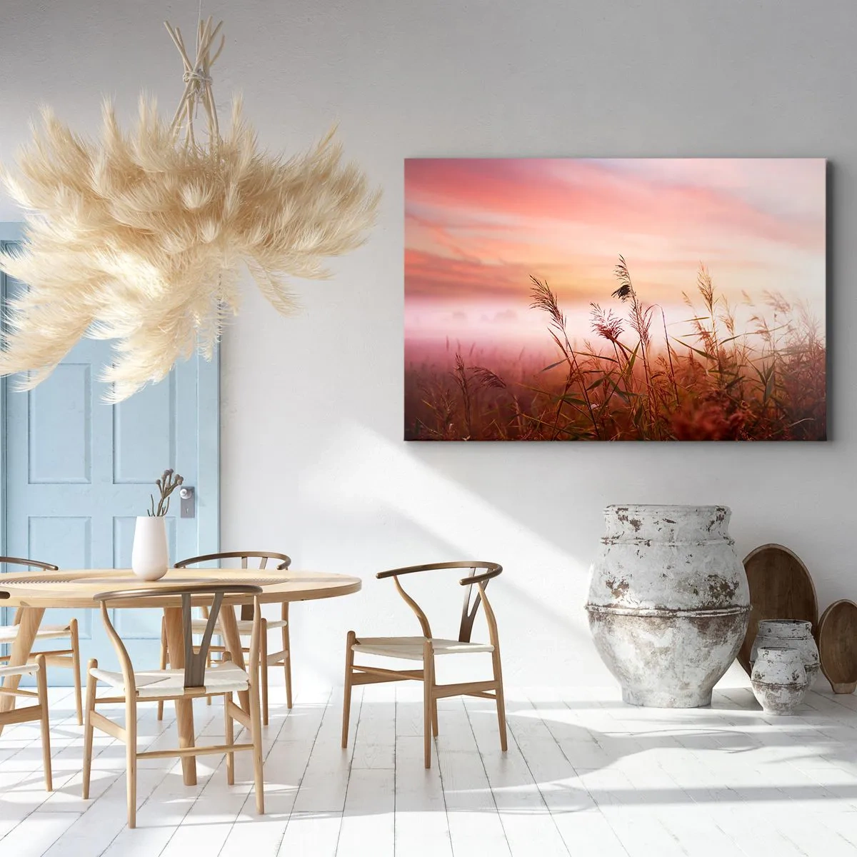 Obraz na płótnie - Pole traw na tle malowniczego zachodu słońca - 70x50cm - Latawce, dmuchawce, wiatr - Nowoczesna dekoracja ścienna do salonu i sypialni ARTTOR