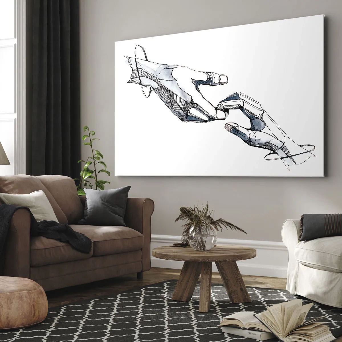 Obraz na płótnie - Artystyczne przedstawienie dłoni w minimalistycznej i geometrycznej formie - 70x50cm - Dobry gest - Nowoczesna dekoracja ścienna do salonu i sypialni ARTTOR