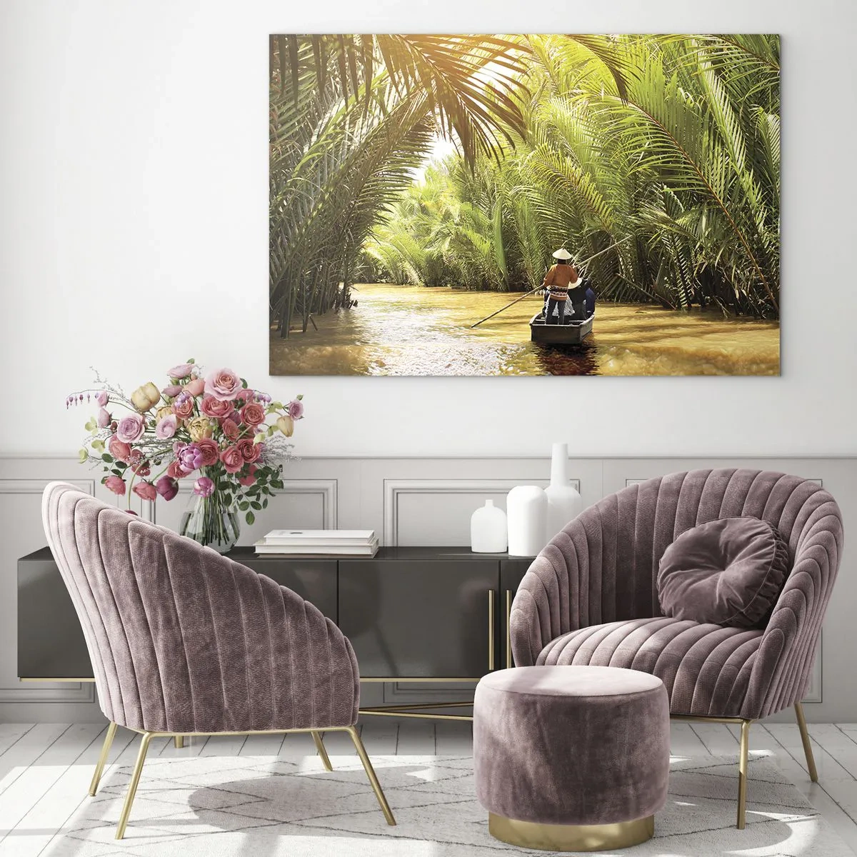 Obraz na szkle - Łódź z wiosłującym mężczyzną płynie przez palmowy wąwóz - 70x50cm - Palmowym wąwozem - Nowoczesna dekoracja ścienna do salonu i sypialni ARTTOR