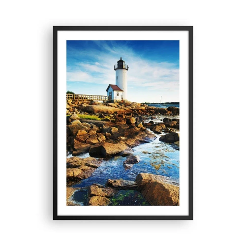 Plakat w czarnej ramie - Latarnia morska na skalistym wybrzeżu w słoneczny dzień - 50x70cm - Wracajcie szczęśliwie, czekam - Nowoczesna dekoracja ścienna do salonu i sypialni ARTTOR