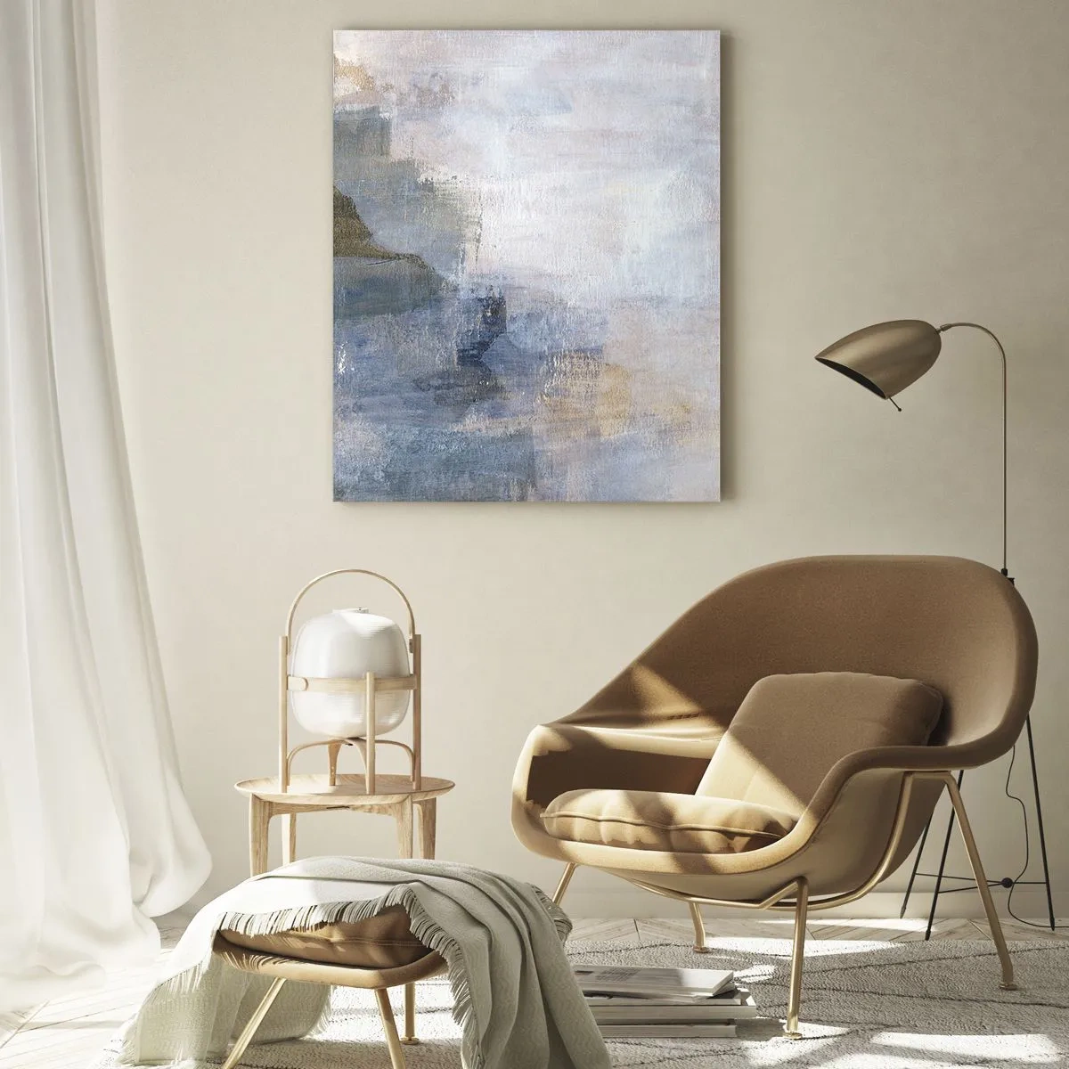 Obraz na szkle - Abstrakcyjna kompozycja w chłodnych niebiesko-beżowych tonach - 50x70cm - Tony i akordy barw - Nowoczesna dekoracja ścienna do salonu, kuchni i sypialni ARTTOR