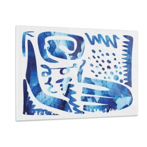 Obraz na szkle - Dynamiczna niebieska abstrakcja z geometrycznymi formami - 120x80cm - Powrót do korzeni - Nowoczesna dekoracja ścienna do salonu, kuchni i sypialni ARTTOR