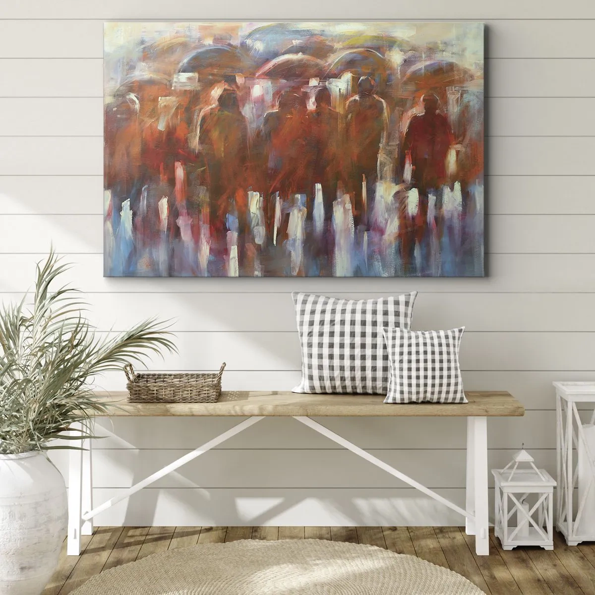 Obraz na płótnie - Tłum ludzi z parasolami w deszczowej, artystycznej scenerii - 120x80cm - Równi w deszczu i mgle - Nowoczesna dekoracja ścienna do salonu, kuchni i sypialni ARTTOR