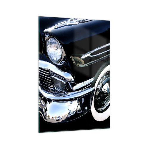Obraz na szkle - Czarny klasyczny samochód w zbliżeniu na reflektor i błotnik - 70x100cm - Klasyka w srebrze, czerni i bieli - Nowoczesna dekoracja ścienna do salonu i sypialni ARTTOR
