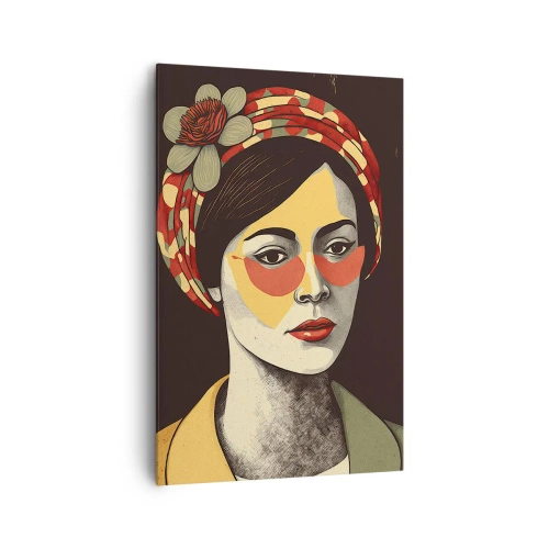 Obraz na płótnie - Portret kobiety w stylu retro z kolorową chustą i okularami - 80x120cm - Koralowa dama - Nowoczesna dekoracja ścienna do salonu i sypialni ARTTOR