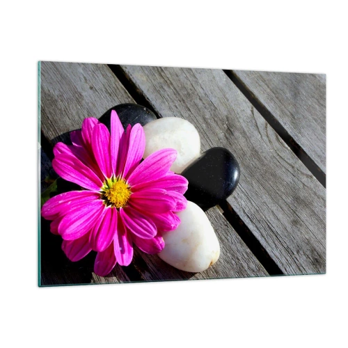 Obraz na szkle - Różowy kwiat z kamieniami na drewnianym tle - 120x80cm - Odpoczynek na pomoście - Nowoczesna dekoracja ścienna do salonu, kuchni i sypialni ARTTOR