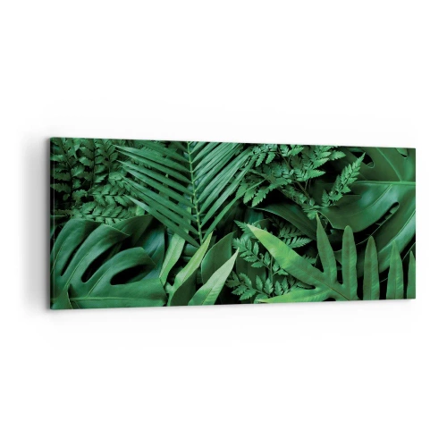 Obraz na płótnie - Zielone liście tropikalne w gęstej i naturalnej kompozycji - 120x50cm - Utulone w zieleni - Nowoczesna dekoracja ścienna do salonu i sypialni ARTTOR