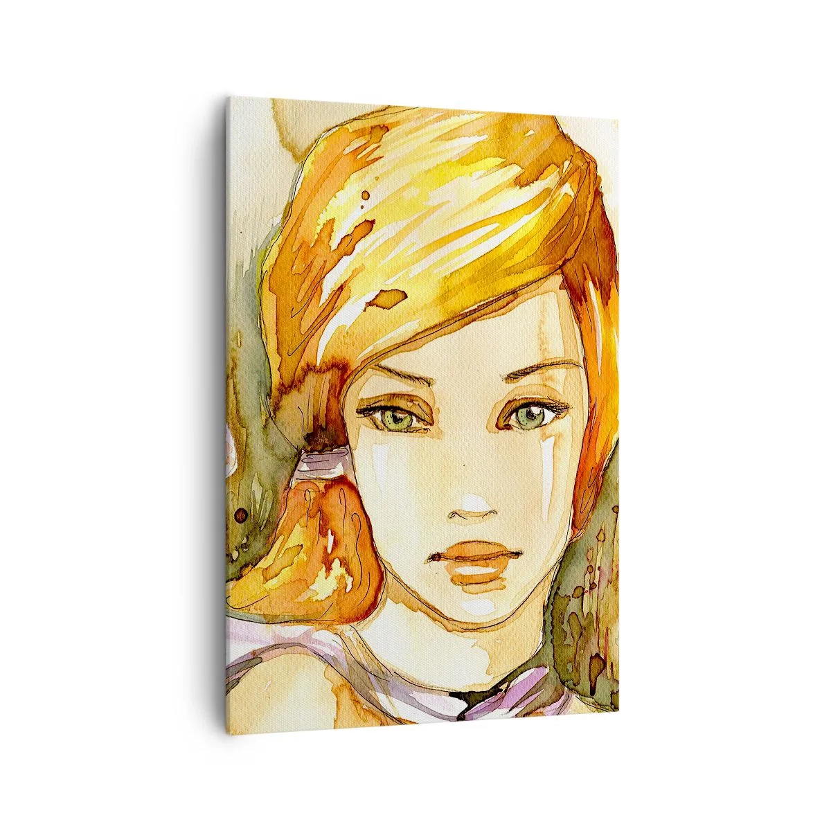 Obraz na płótnie - Portret kobiety w akwarelowych kolorach z intensywnym spojrzeniem - 70x100cm - Szmaragdowe spojrzenie, co ucisza gniew - Nowoczesna dekoracja ścienna do salonu i sypialni ARTTOR
