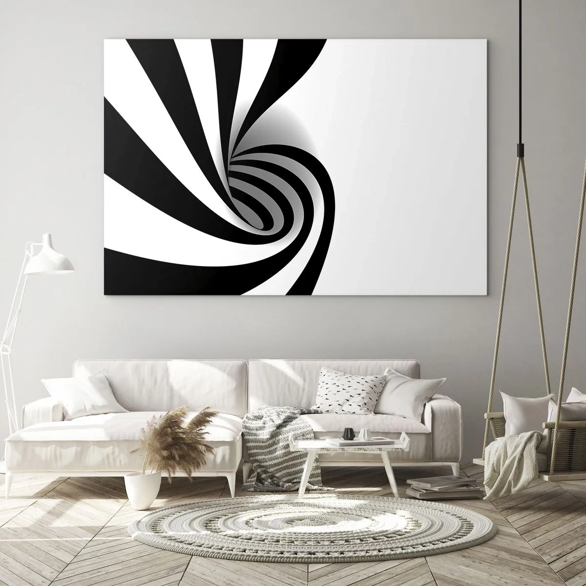 Obraz na szkle - Abstrakcyjna spirala w czerni i bieli o dynamicznym kształcie - 70x50cm - A jednak się kręci - Nowoczesna dekoracja ścienna do salonu i sypialni ARTTOR