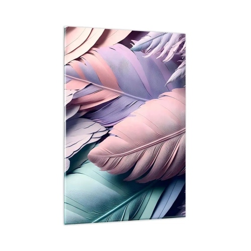 Obraz na szkle - Kolorowe pióra w pastelowych odcieniach na jasnym tle - 80x120cm - Ptasi szyk - Nowoczesna dekoracja ścienna do salonu i sypialni ARTTOR