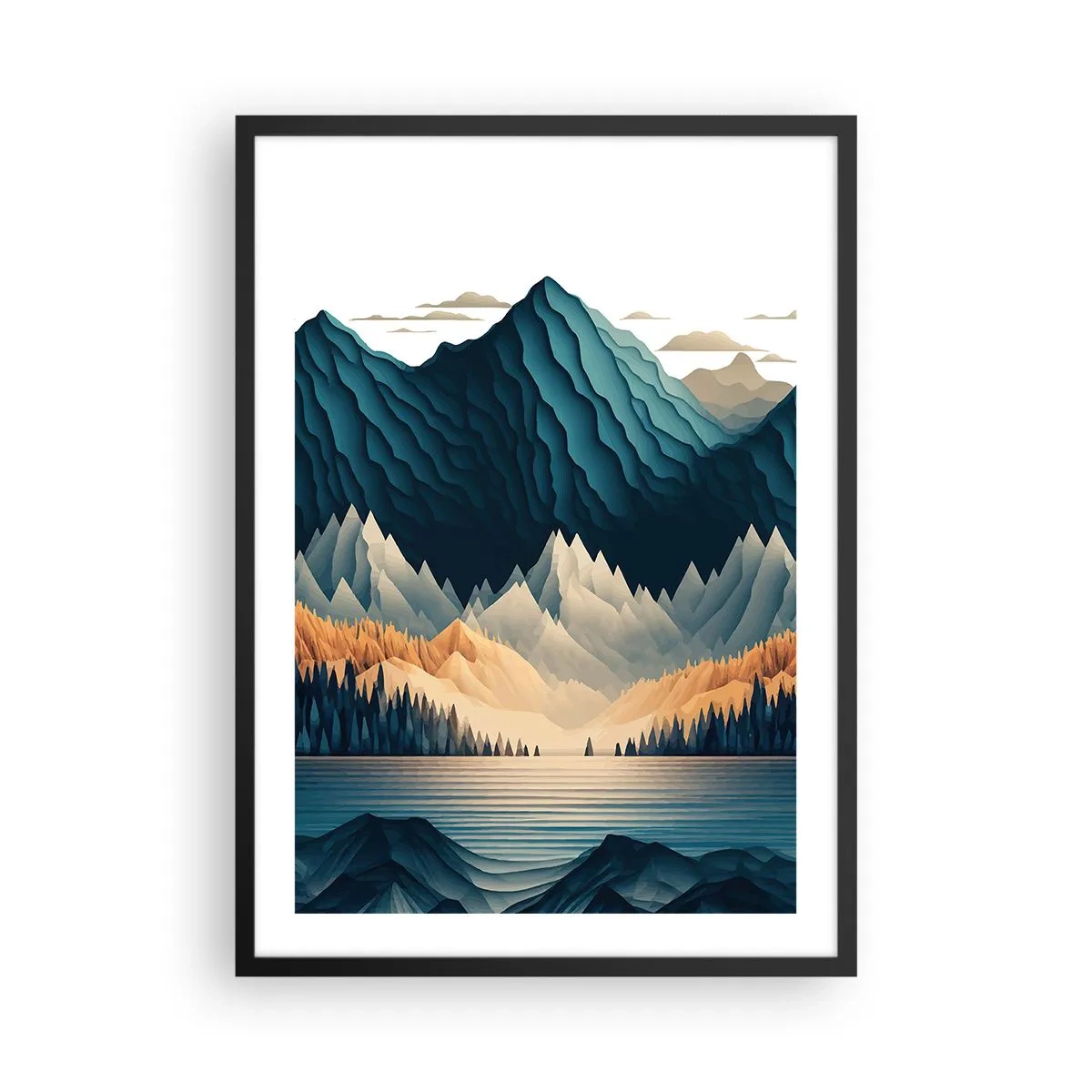 Plakat w czarnej ramie - Stylizowany pejzaż górski z jeziorem w odcieniach niebieskiego - 50x70cm - Pejzaż górski doskonały - Nowoczesna dekoracja ścienna do salonu i sypialni ARTTOR