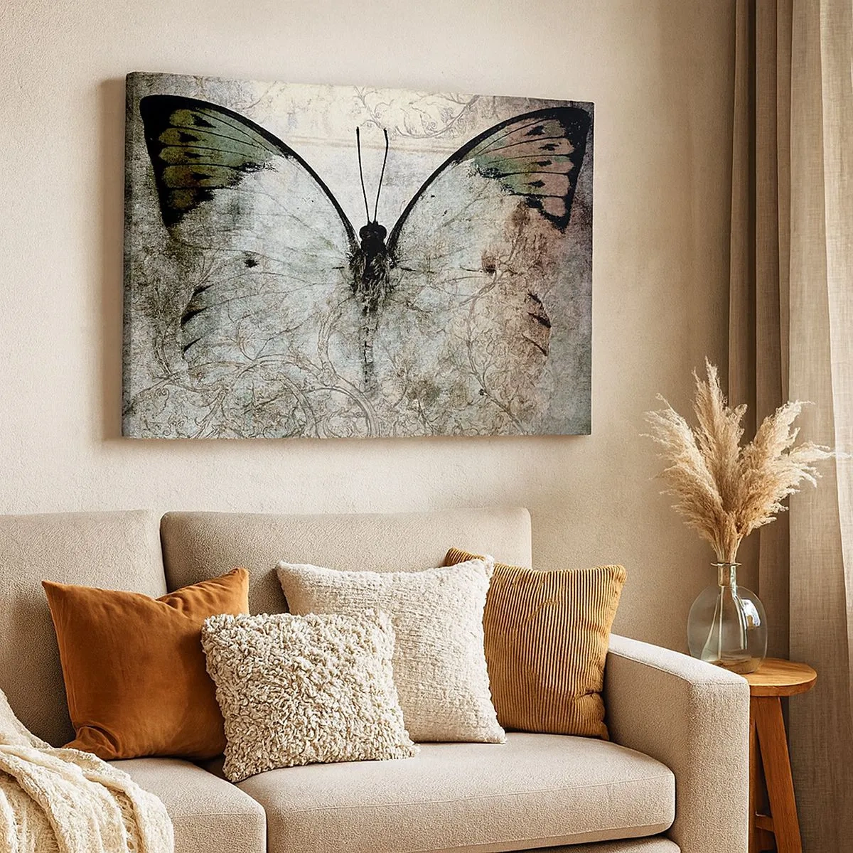 Obraz na płótnie - Motyl w odcieniach zieleni i szarości na ozdobnym tle - 70x50cm - W secesyjnym stylu - Nowoczesna dekoracja ścienna do salonu i sypialni ARTTOR