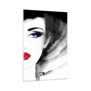 Obraz na szkle - Portret kobiety z czerwonymi ustami i intensywnymi niebieskimi oczami - 80x120cm - Odpycha i przyzywa - Nowoczesna dekoracja ścienna do salonu i sypialni ARTTOR