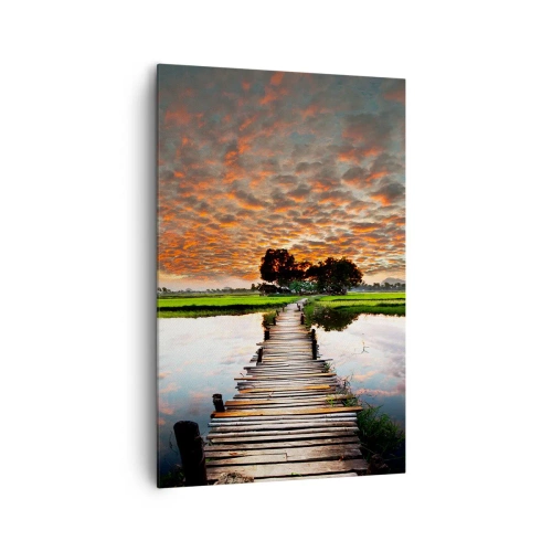 Obraz na płótnie - Drewniany mostek nad wodą o zachodzie słońca - 80x120cm - Rozłóż ramiona - oddychaj  - Nowoczesna dekoracja ścienna do salonu i sypialni ARTTOR