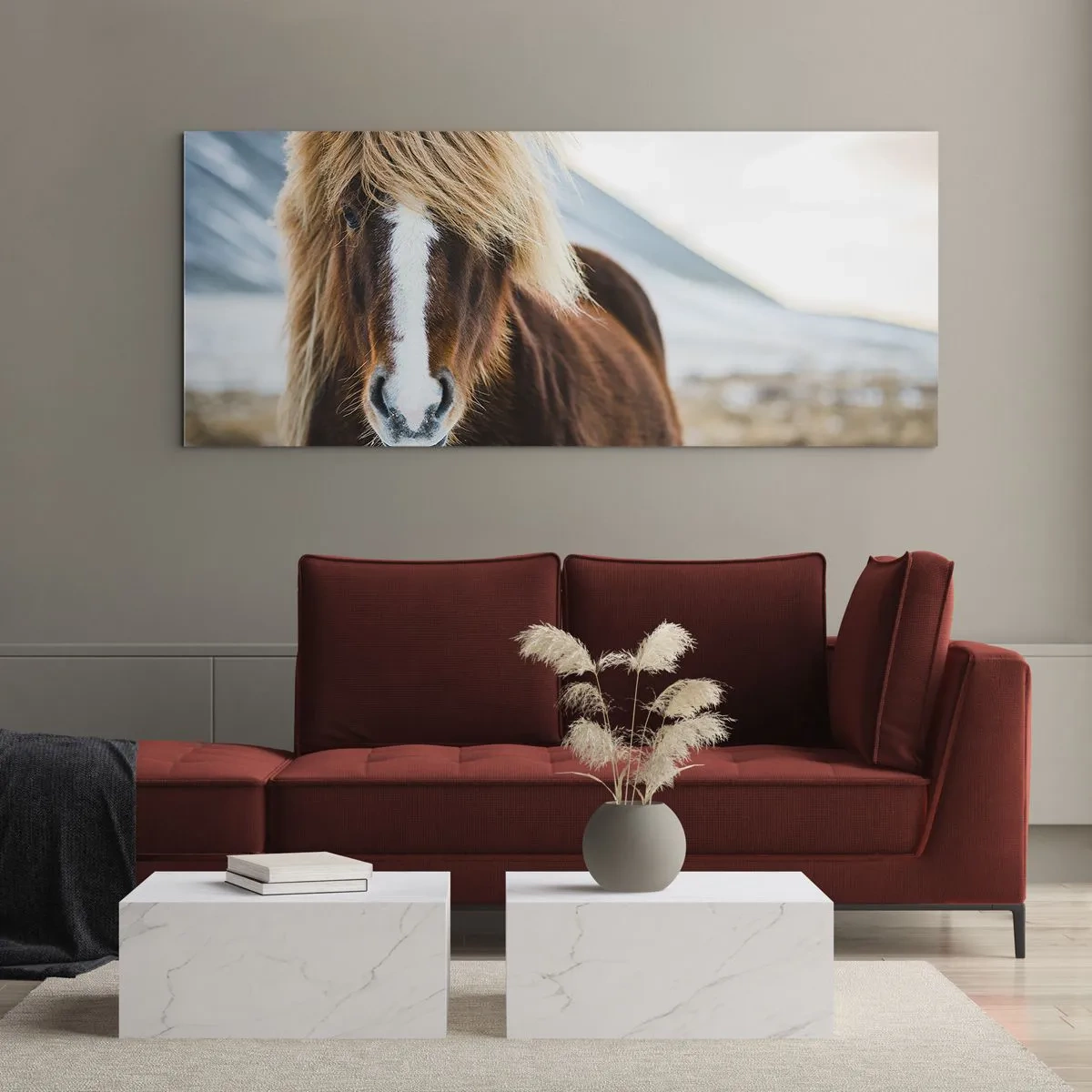 Obraz na szkle - Koń islandzki na tle górskiego krajobrazu - 140x50cm - Czujesz wolność? - Nowoczesna dekoracja ścienna do salonu i sypialni ARTTOR