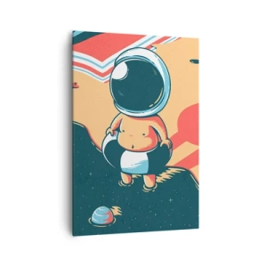 Obraz na płótnie - Zabawny astronauta na plaży z kosmicznymi elementami w tle - 70x100cm - Z innej perspektywy - Nowoczesna dekoracja ścienna do salonu i sypialni ARTTOR