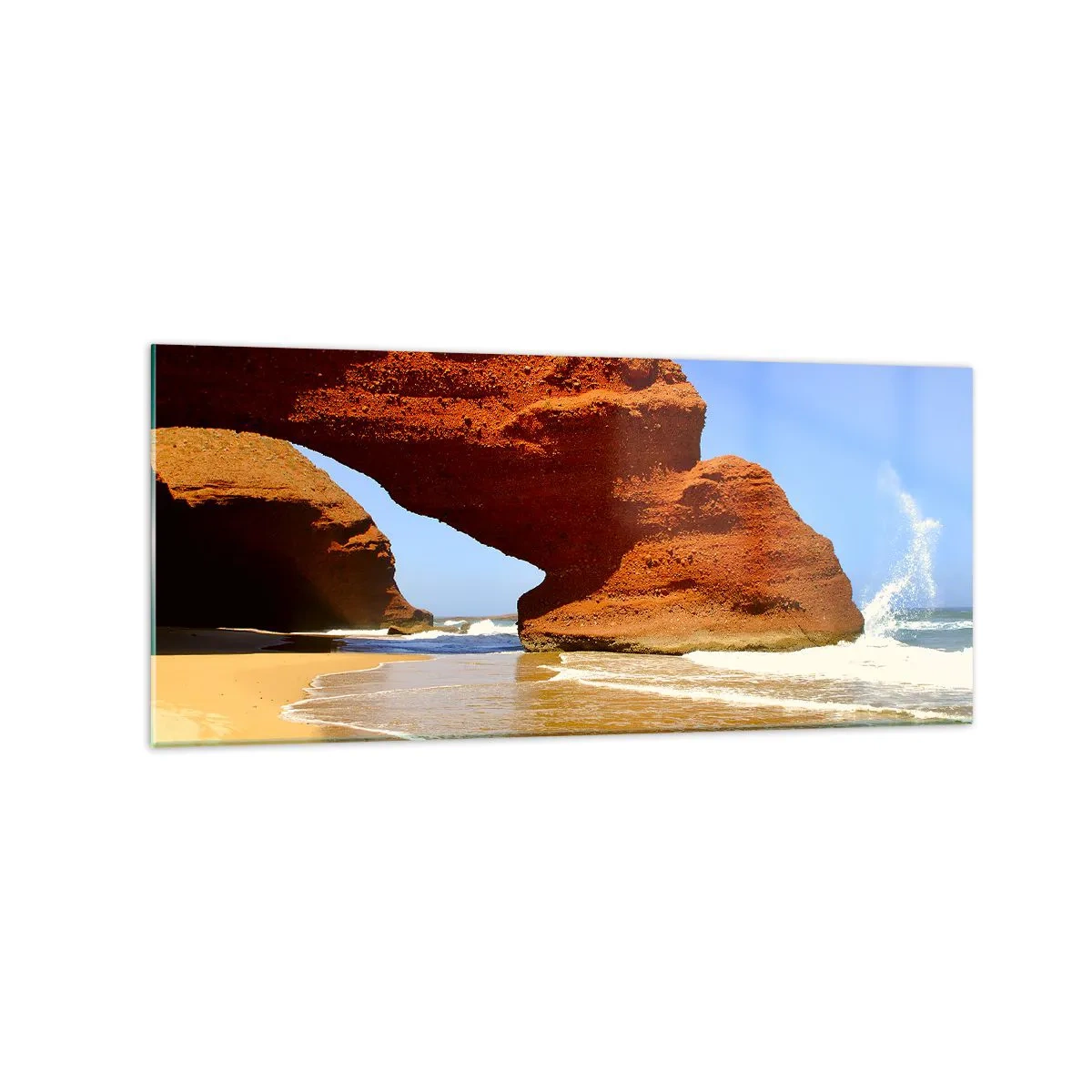 Obraz na szkle - Naturalny łuk skalny na plaży z błękitnym niebem i falami - 120x50cm - Woda i wiatr przez tysiące lat - Nowoczesna dekoracja ścienna do salonu i sypialni ARTTOR