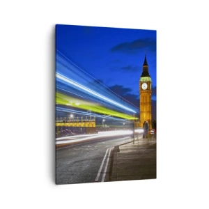 Obraz na płótnie - Big Ben nocą z efektami świetlnymi ruchu ulicznego - 50x70cm - Pod okiem Big Bena - Nowoczesna dekoracja ścienna do salonu, kuchni i sypialni ARTTOR