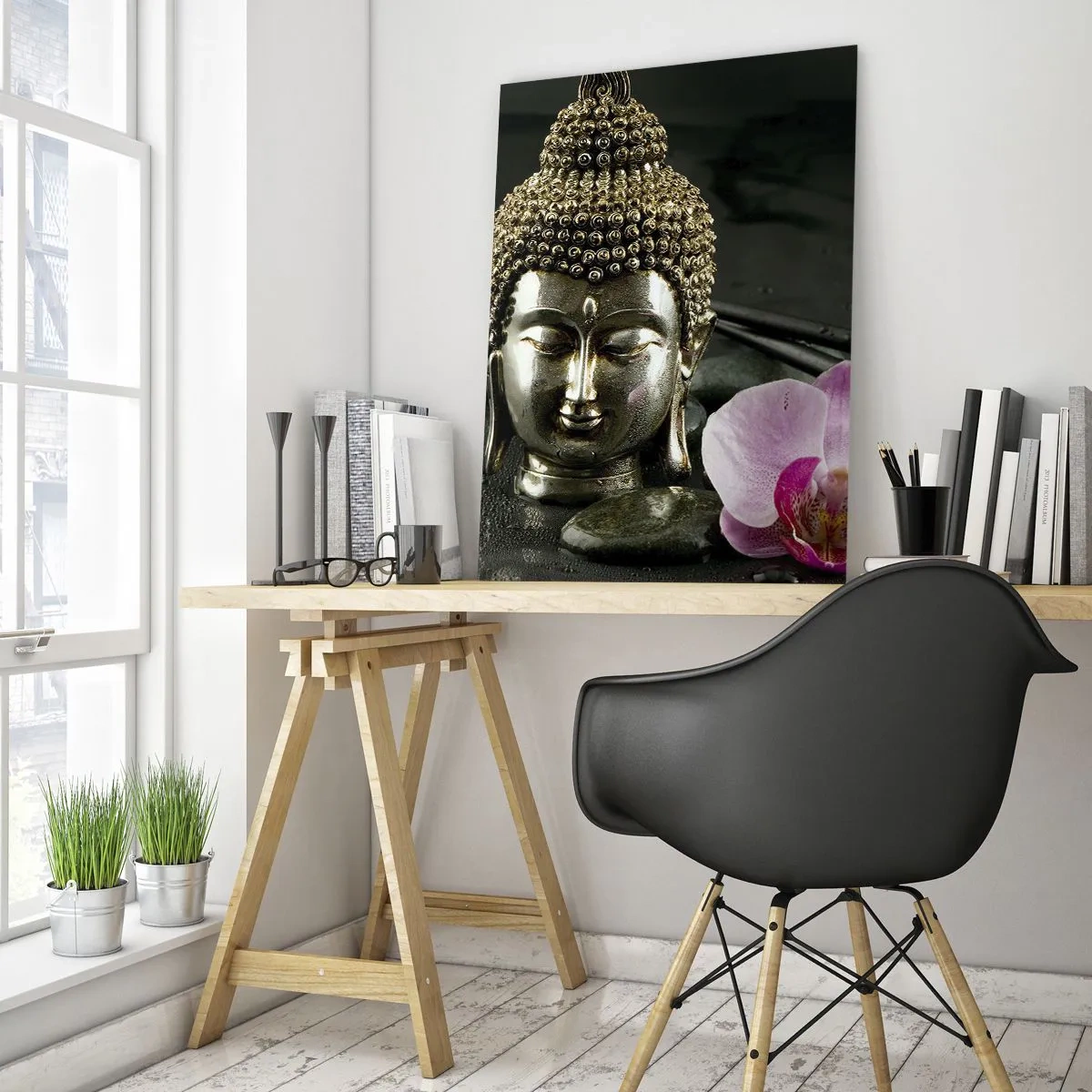Obraz na szkle - Buddyjska głowa z różowym kwiatem na tle kamieni - 50x70cm - Harmonia mądrości i piękna - Nowoczesna dekoracja ścienna do salonu, kuchni i sypialni ARTTOR