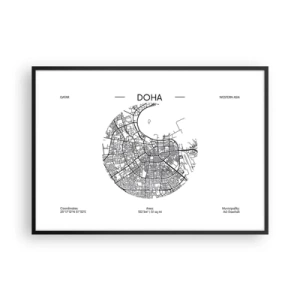 Plakat w czarnej ramie - Minimalistyczna mapa Dohy w czarno-białej kolorystyce z precyzyjnymi detalami - 100x70cm - Anatomia Dohy - Nowoczesna dekoracja ścienna do salonu i sypialni ARTTOR