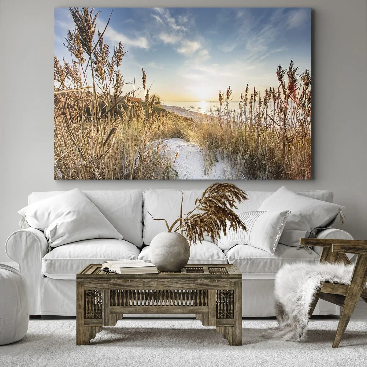 Obraz na płótnie - Malownicza plaża z trawami i zachodzącym słońcem - 70x50cm - Północna plaża - Nowoczesna dekoracja ścienna do salonu i sypialni ARTTOR