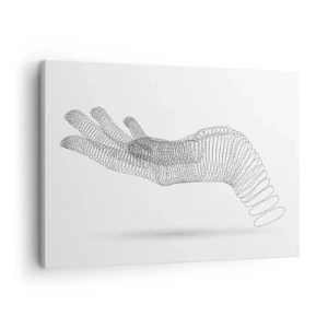 Obraz na płótnie - Minimalistyczna ilustracja dłoni stworzona z czarnych kropek na białym tle - 70x50cm - Sprężysta dłoń - Nowoczesna dekoracja ścienna do salonu i sypialni ARTTOR