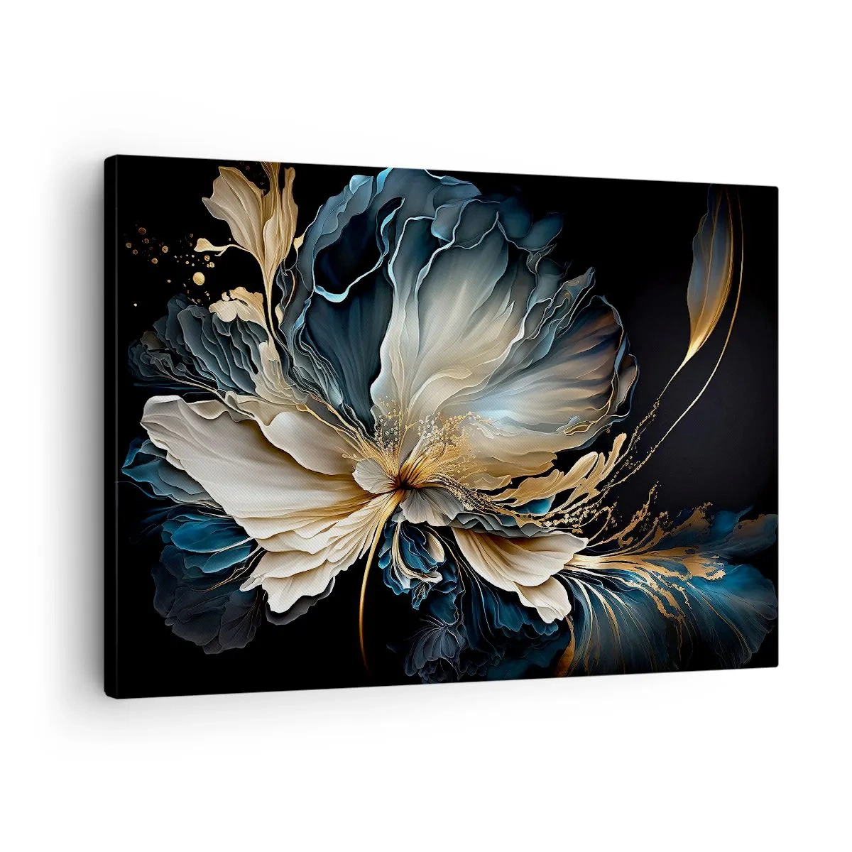 Obraz na płótnie - Kwiat w odcieniach złota i granatu na czarnym tle - 70x50cm - Baśniowy kwiat paproci - Nowoczesna dekoracja ścienna do salonu i sypialni ARTTOR