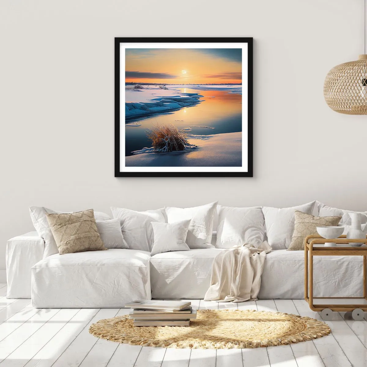 Plakat w czarnej ramie - Zimowy zachód słońca - 60x60 cm