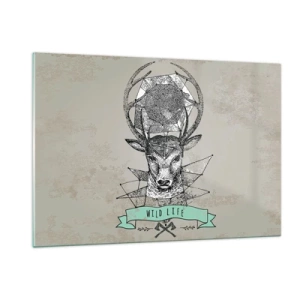 Obraz na szkle - Geometriczny rysunek jelenia z napisem Wild Life - 120x80cm - Widzenie św. Hubertusa - Nowoczesna dekoracja ścienna do salonu, kuchni i sypialni ARTTOR