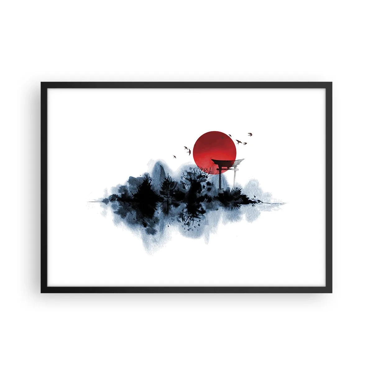 Plakat w czarnej ramie - Czerwone słońce nad malowniczym krajobrazem z torii - 70x50cm - Japoński widok - Nowoczesna dekoracja ścienna do salonu i sypialni ARTTOR