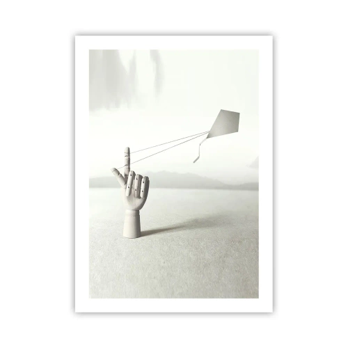 Plakat - Drewniana ręka z latawcem na tle jasnej przestrzeni - 50x70cm - Próba sił - Nowoczesna dekoracja ścienna do salonu, kuchni i sypialni ARTTOR