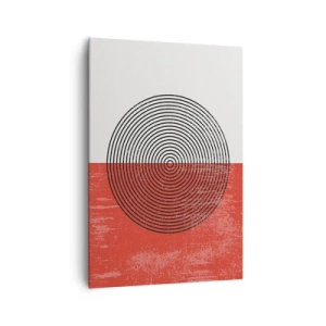 Obraz na płótnie - Geometryczny wzór z koncentrycznymi kołami na czerwono-białym tle - 70x100cm - W samo sedno - Nowoczesna dekoracja ścienna do salonu i sypialni ARTTOR