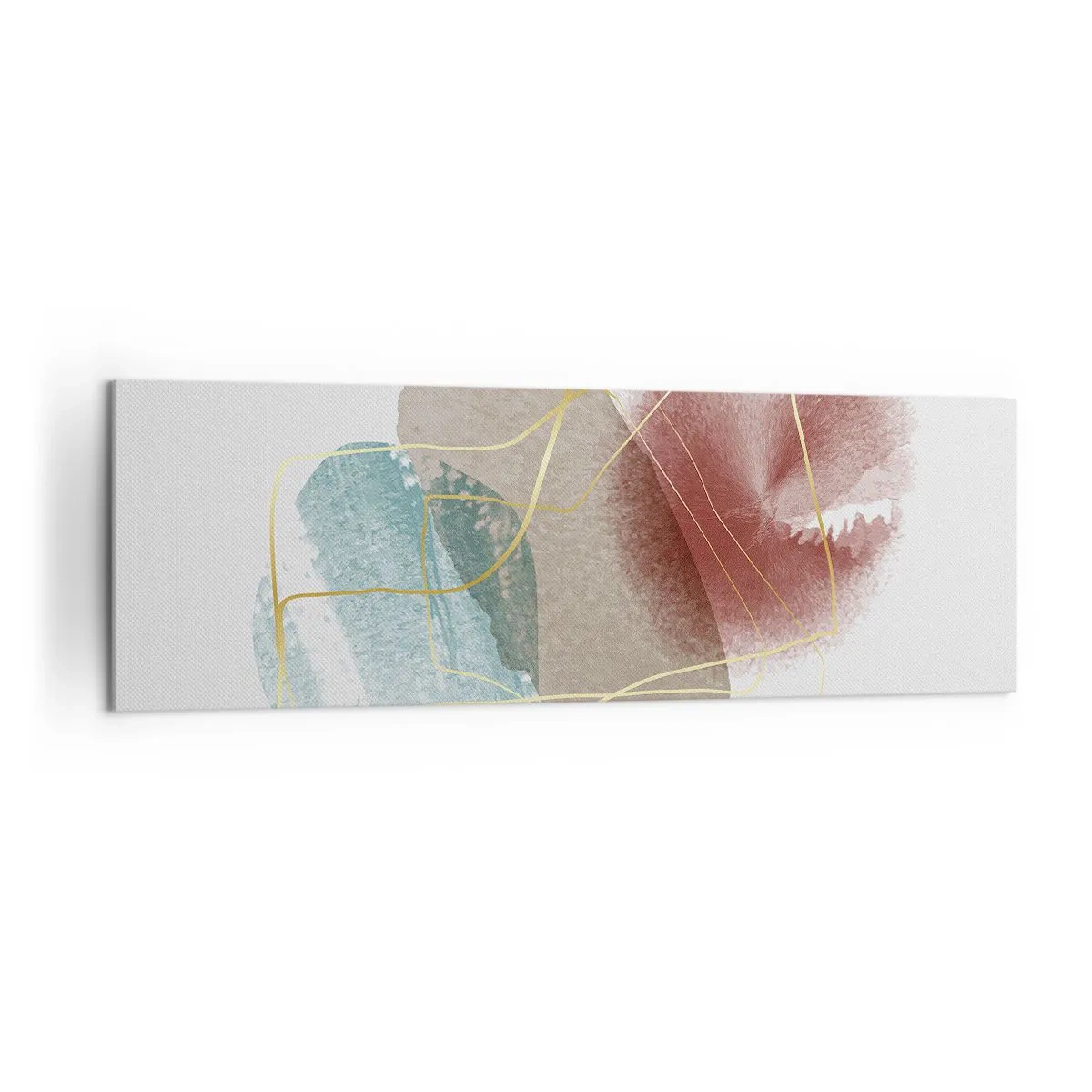 Obraz na płótnie - Abstrakcyjne formy z delikatnymi kolorami i złotymi liniami - 160x50cm - Korale przestrzeni - Nowoczesna dekoracja ścienna do salonu i sypialni ARTTOR