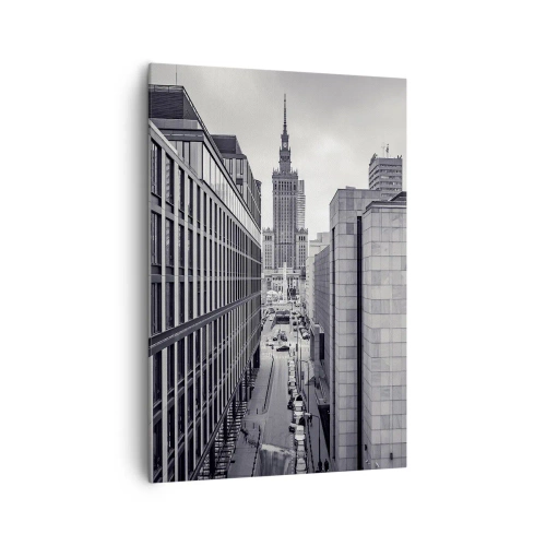 Obraz na płótnie - Panorama Warszawy z widokiem na Pałac Kultury i otaczające budynki - 70x100cm - Warszawska dolina - Nowoczesna dekoracja ścienna do salonu i sypialni ARTTOR