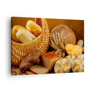 Obraz na płótnie - Różnorodne pieczywo w wiklinowym koszu na tle złotym - 70x50cm - Znowu się nam upiekło - Nowoczesna dekoracja ścienna do salonu i sypialni ARTTOR