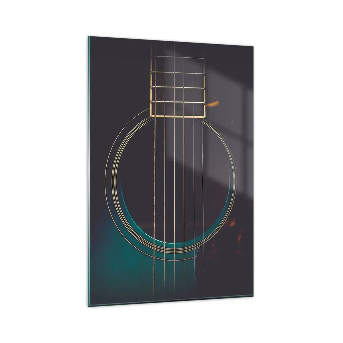 Obraz na szkle - Akustyczna gitara w ciemnym, eleganckim świetle - 80x120cm - Chwila zanim zabrzmi - Nowoczesna dekoracja ścienna do salonu i sypialni ARTTOR