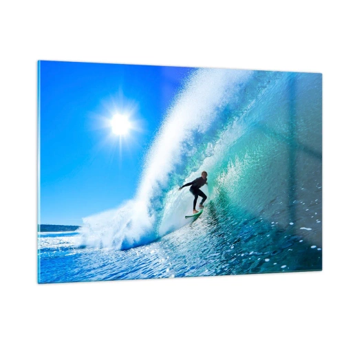 Obraz na szkle - Surfer na fali w słoneczny dzień - 120x80cm - Przez wielki błękit - Nowoczesna dekoracja ścienna do salonu, kuchni i sypialni ARTTOR