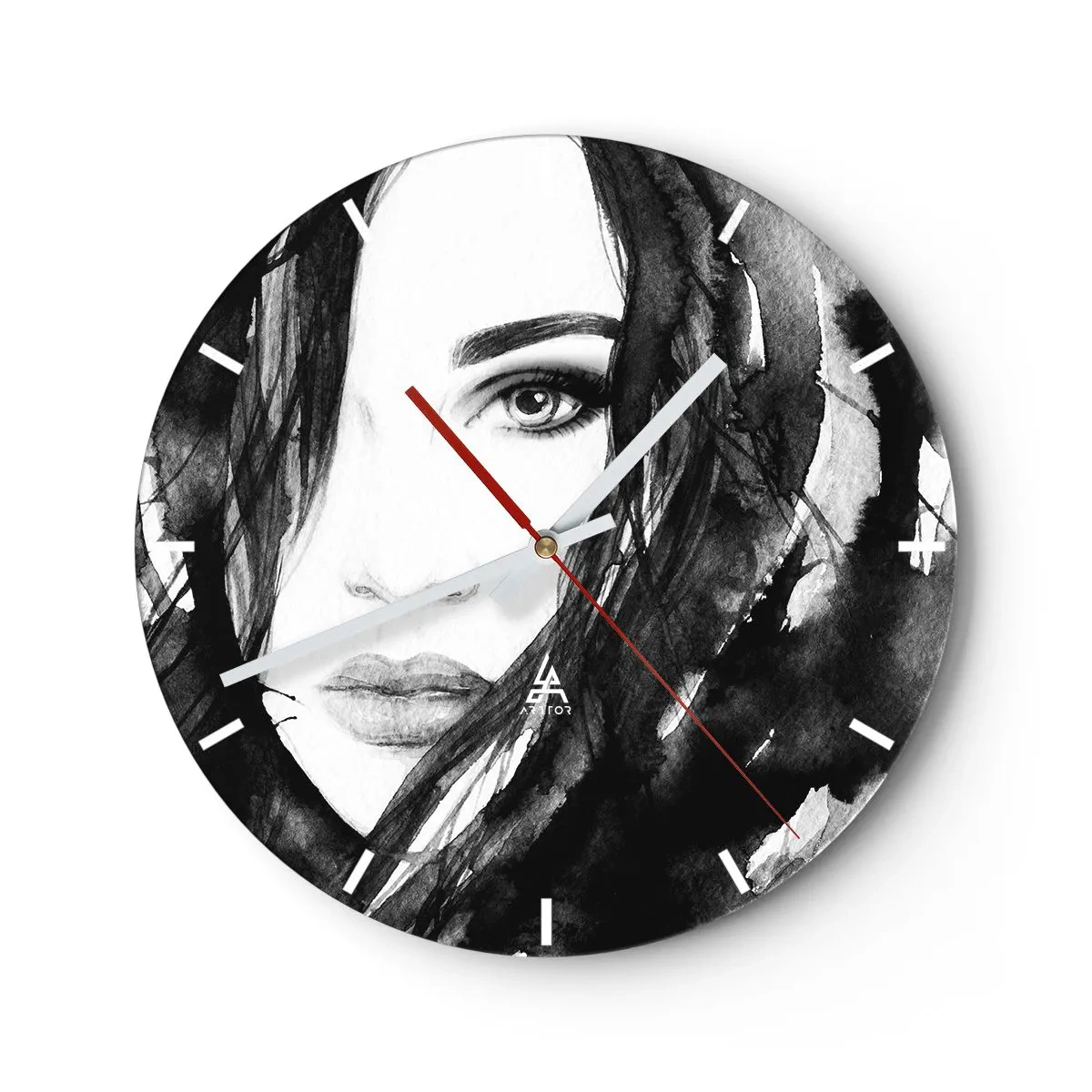 Zegar ścienny - Portret kobiety w czerni i bieli o akwarelowym stylu - 30x30cm - Portret damy w czerni i bieli - Nowoczesna dekoracja ścienna do salonu, kuchni i sypialni ARTTOR