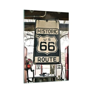 Obraz na szkle - Historyczna stacja benzynowa z symbolem Route 66 - 80x120cm - Amerykańska retro podróż - Nowoczesna dekoracja ścienna do salonu i sypialni ARTTOR