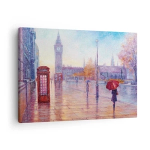Obraz na płótnie - Londyńska ulica z Big Benem w deszczowy dzień - 70x50cm - Londyński jesienny dzień - Nowoczesna dekoracja ścienna do salonu i sypialni ARTTOR