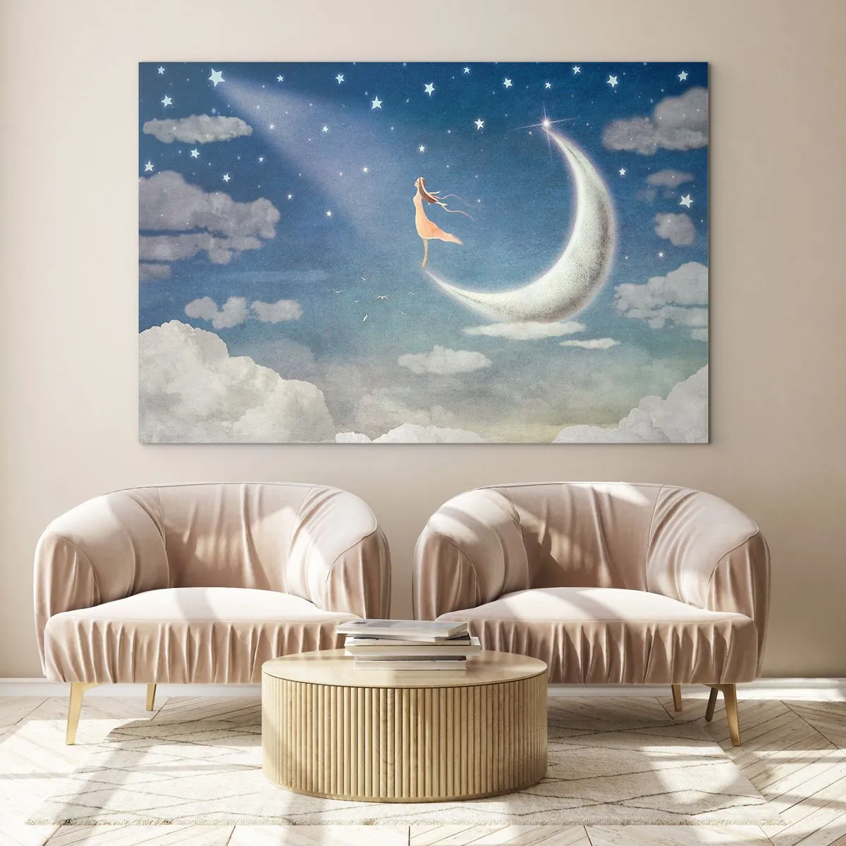 Obraz na szkle - Kobieta w zwiewnej sukni stojąca na księżycu w rozgwieżdżonym niebie - 70x50cm - Zalotnica niebieska - Nowoczesna dekoracja ścienna do salonu i sypialni ARTTOR