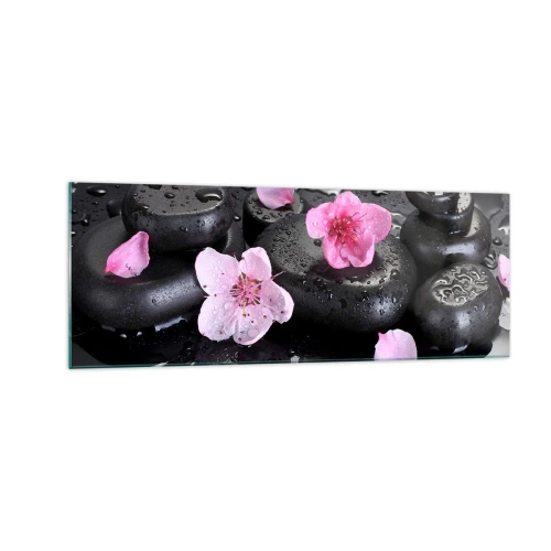 Obraz na szkle - Czarne kamienie i różowe kwiaty w stylu spa - 140x50cm - I kamień spada z serca - Nowoczesna dekoracja ścienna do salonu i sypialni ARTTOR